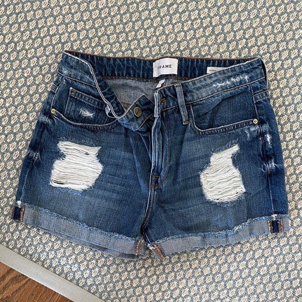 Frame Denim Women's Dark Blue Distressed Jean Shorts